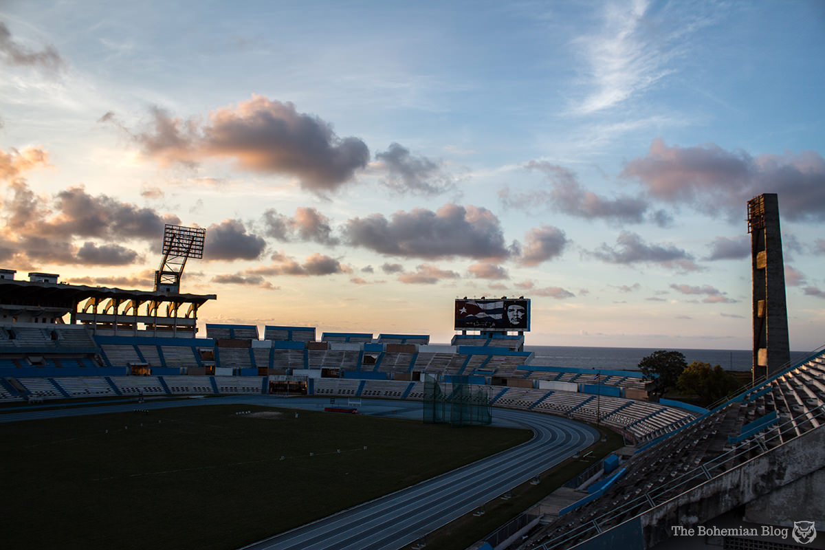 Havana's Estadio Panamericano, glowing in the light of a Cuban sunset.